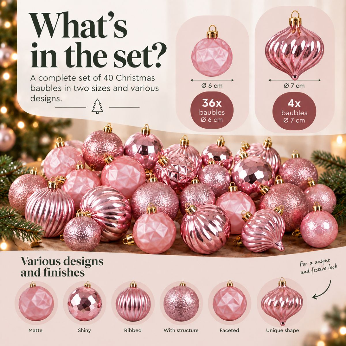 A set of 40 pink Christmas baubles in various designs and two sizes.