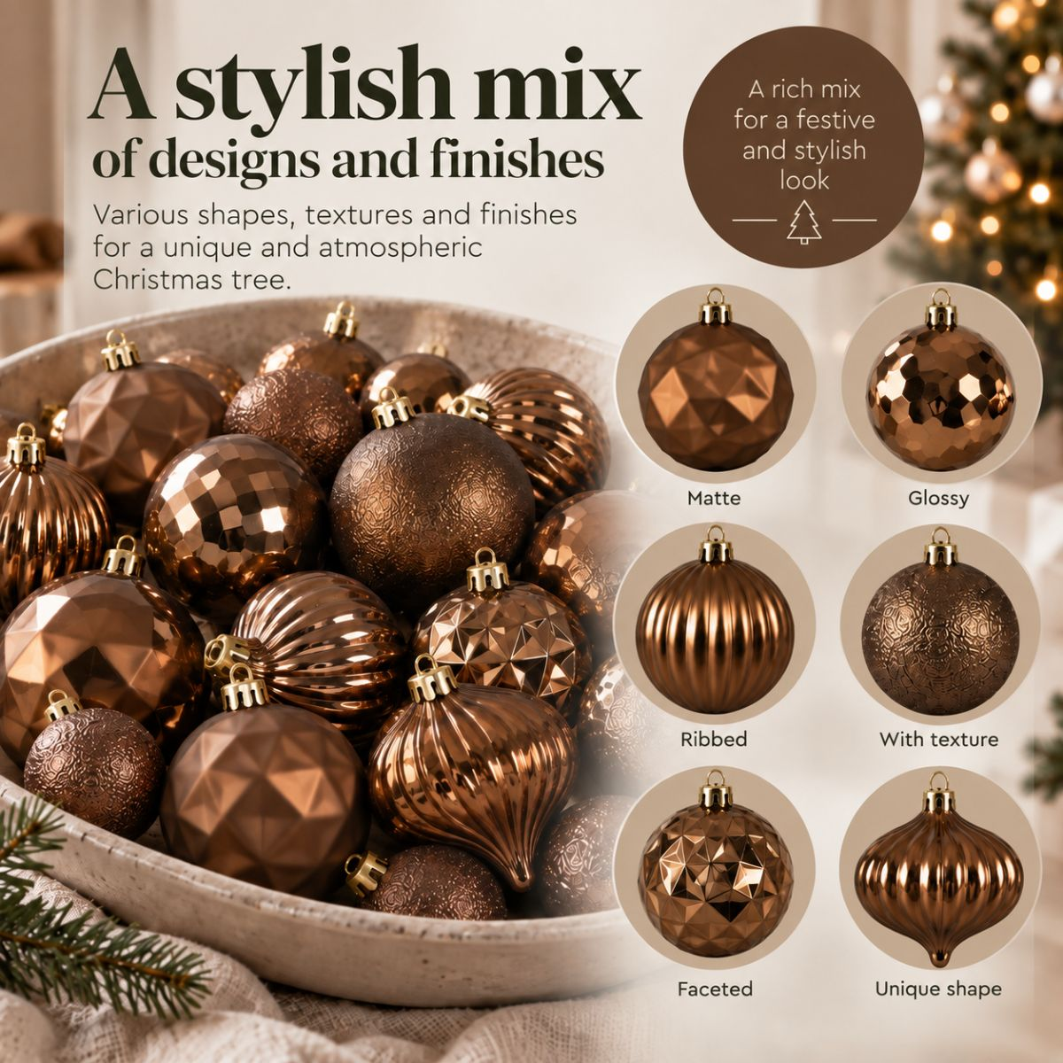A bowl of bronze Christmas ornaments with various matte, glossy, ribbed, textured, faceted, and unique shapes.