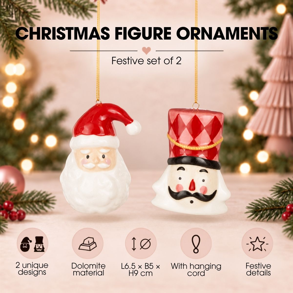 Deux ornements de Noël suspendus, un visage de Père Noël et un casse-noisette, sur fond de bokeh festif.
