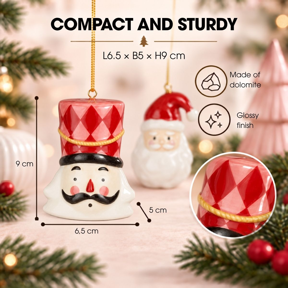 Décorations de Noël en dolomite avec dimensions et finition brillante.