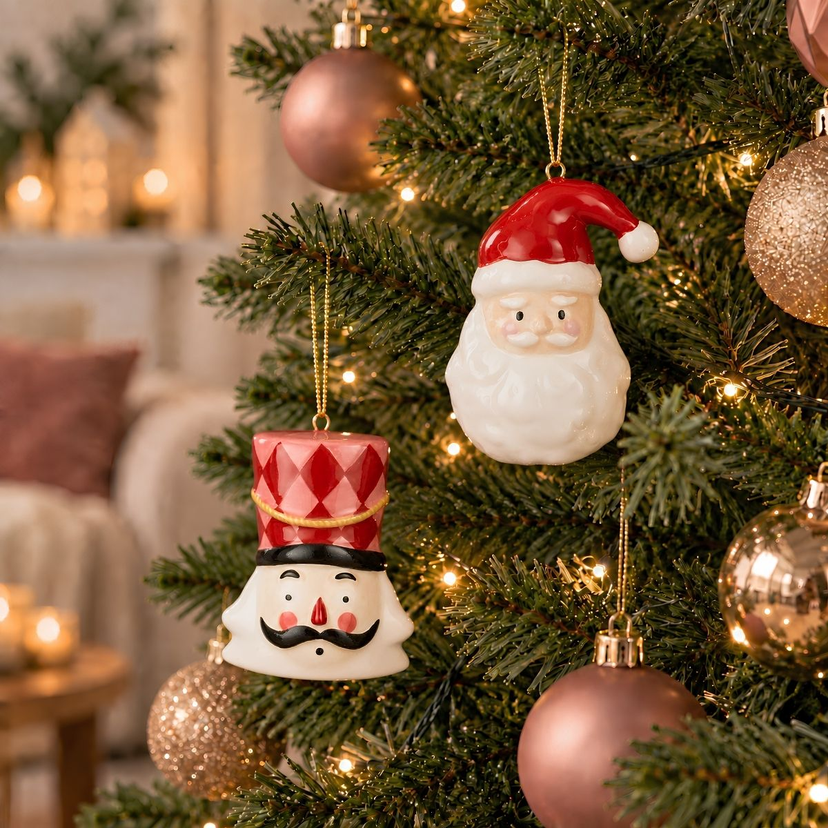 Sapin de Noël décoré avec des ornements de Père Noël et de casse-noisette, entouré de boules dorées et roses.