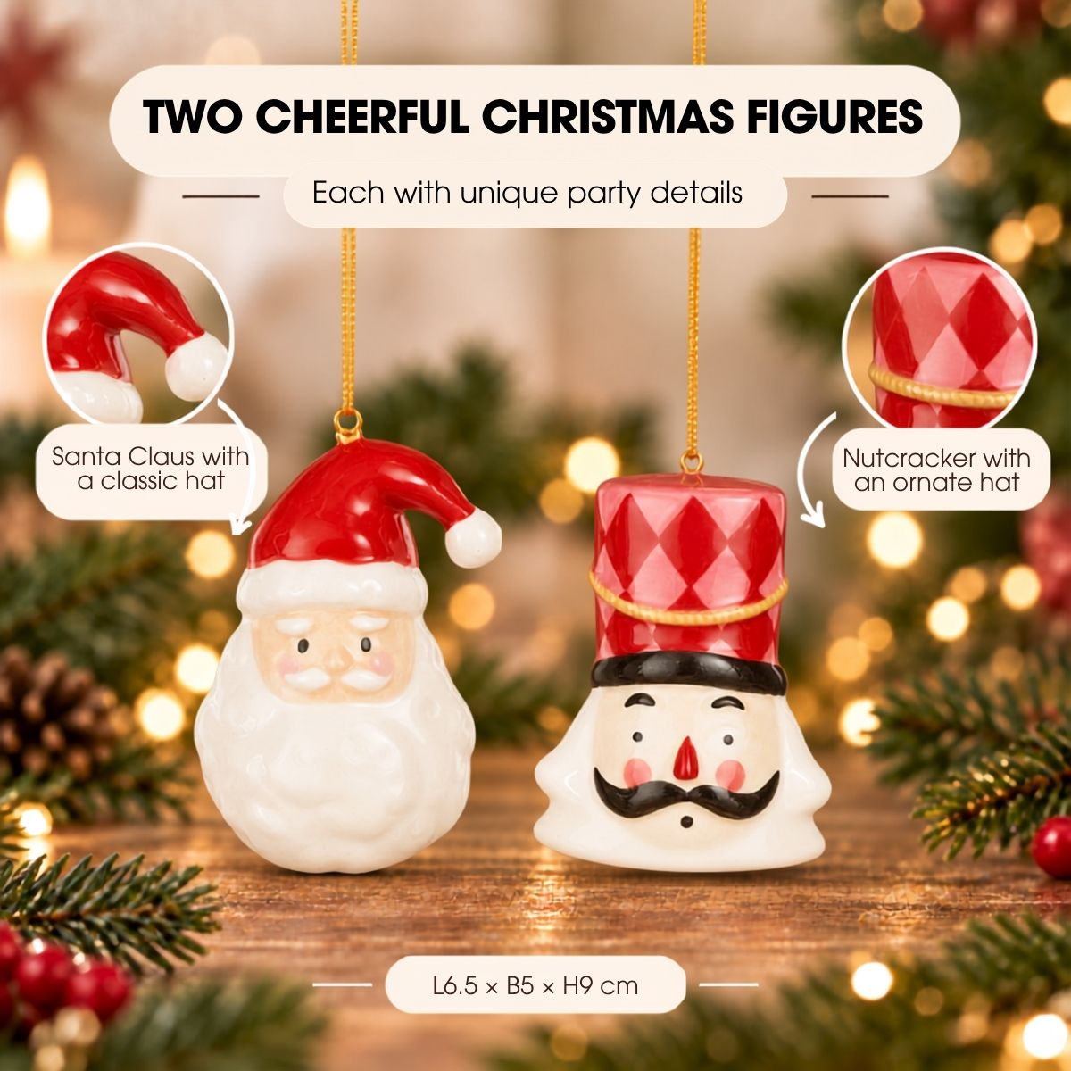 Deux décorations de Noël en céramique : un père Noël et un casse-noisette.