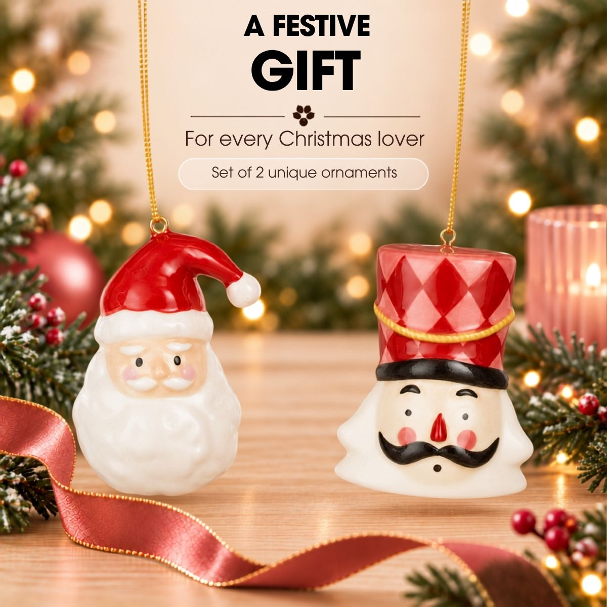 Deux ornements de Noël, un père Noël et un casse-noisette, pendent devant un fond festif.