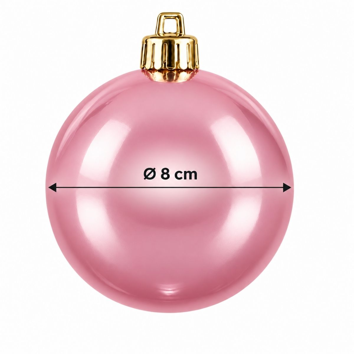Glimmende roze kerstbal met een gouden kroontje en een diameter van 8 cm.