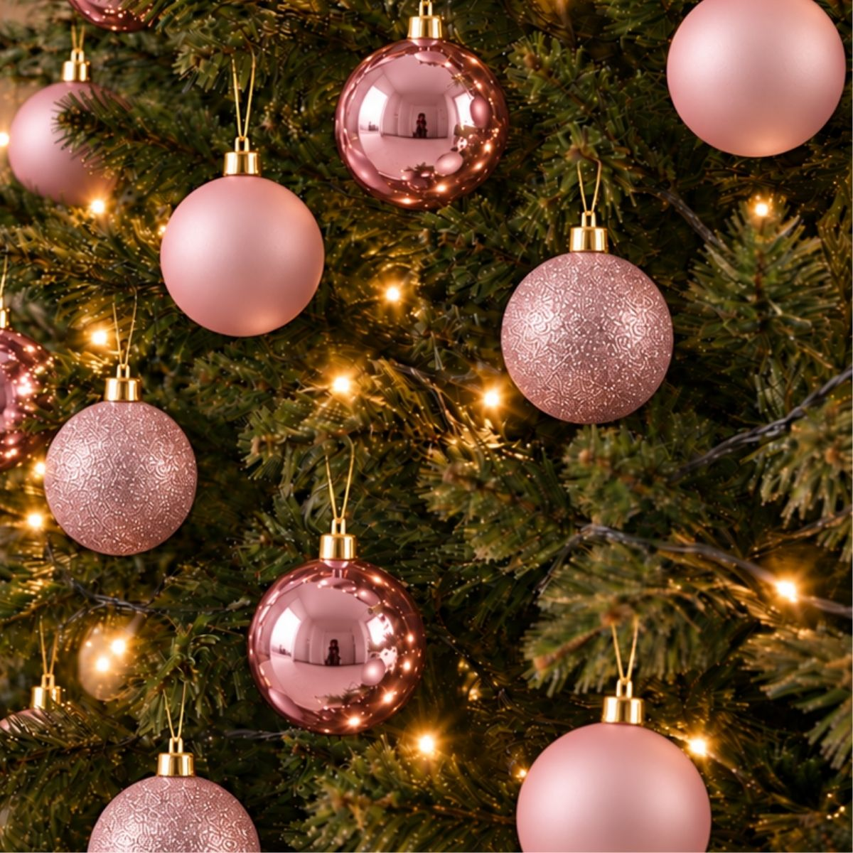 Een kerstboom versierd met glimmende roze kerstballen en gloeiende lichtjes.