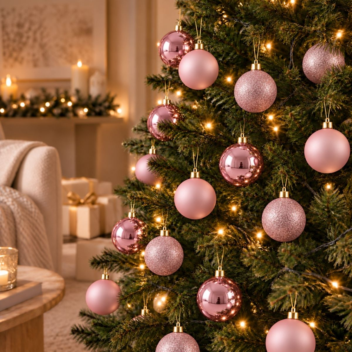 Een versierde kerstboom met roze ballen en lichtjes in een woonkamer.