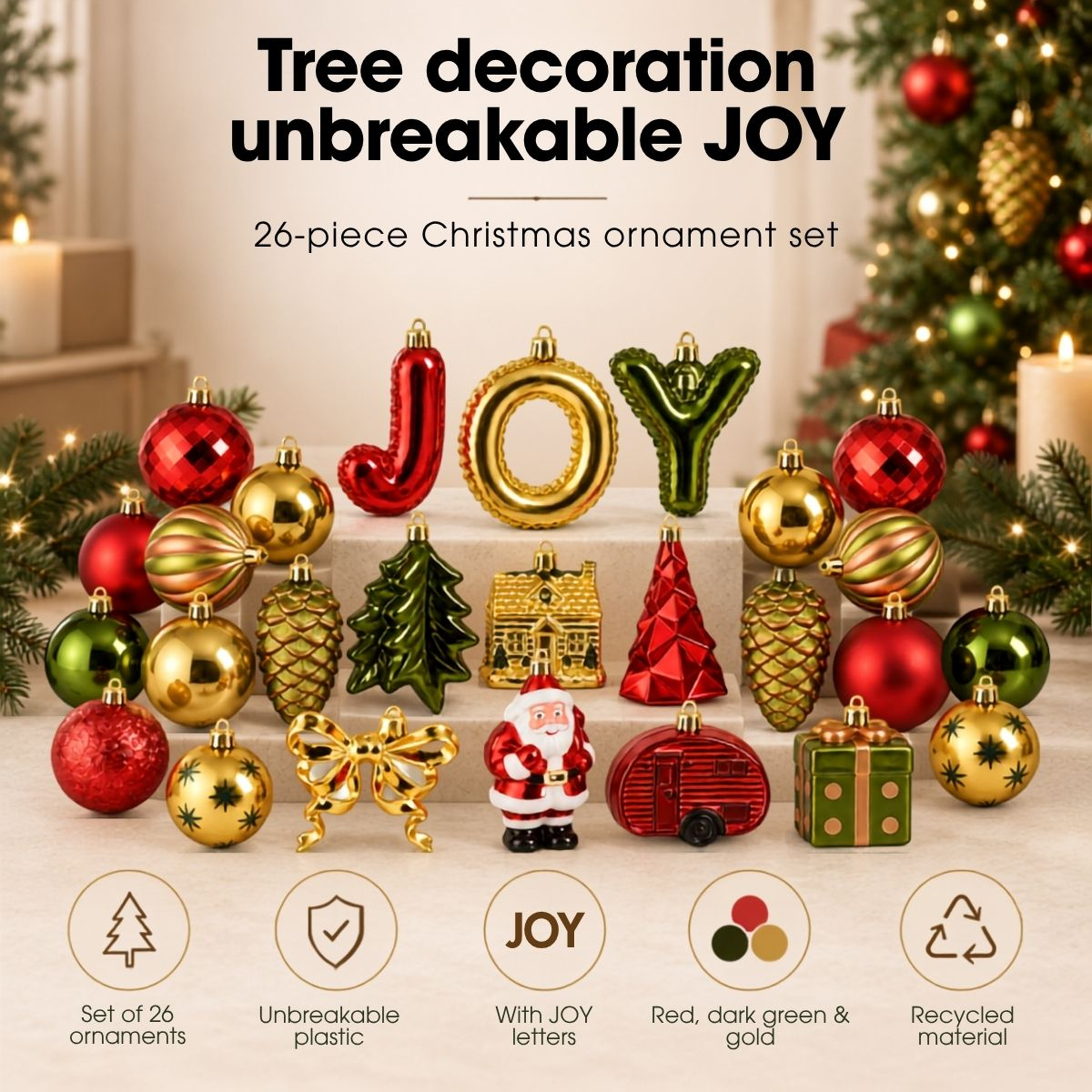 Un ensemble de 26 décorations de Noël incassables rouges, vertes et dorées avec le mot JOY.