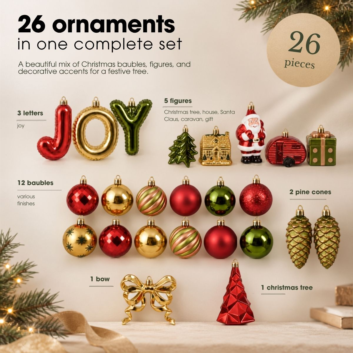 Un ensemble de 26 ornements de Noël colorés comprenant des boules, des figurines.