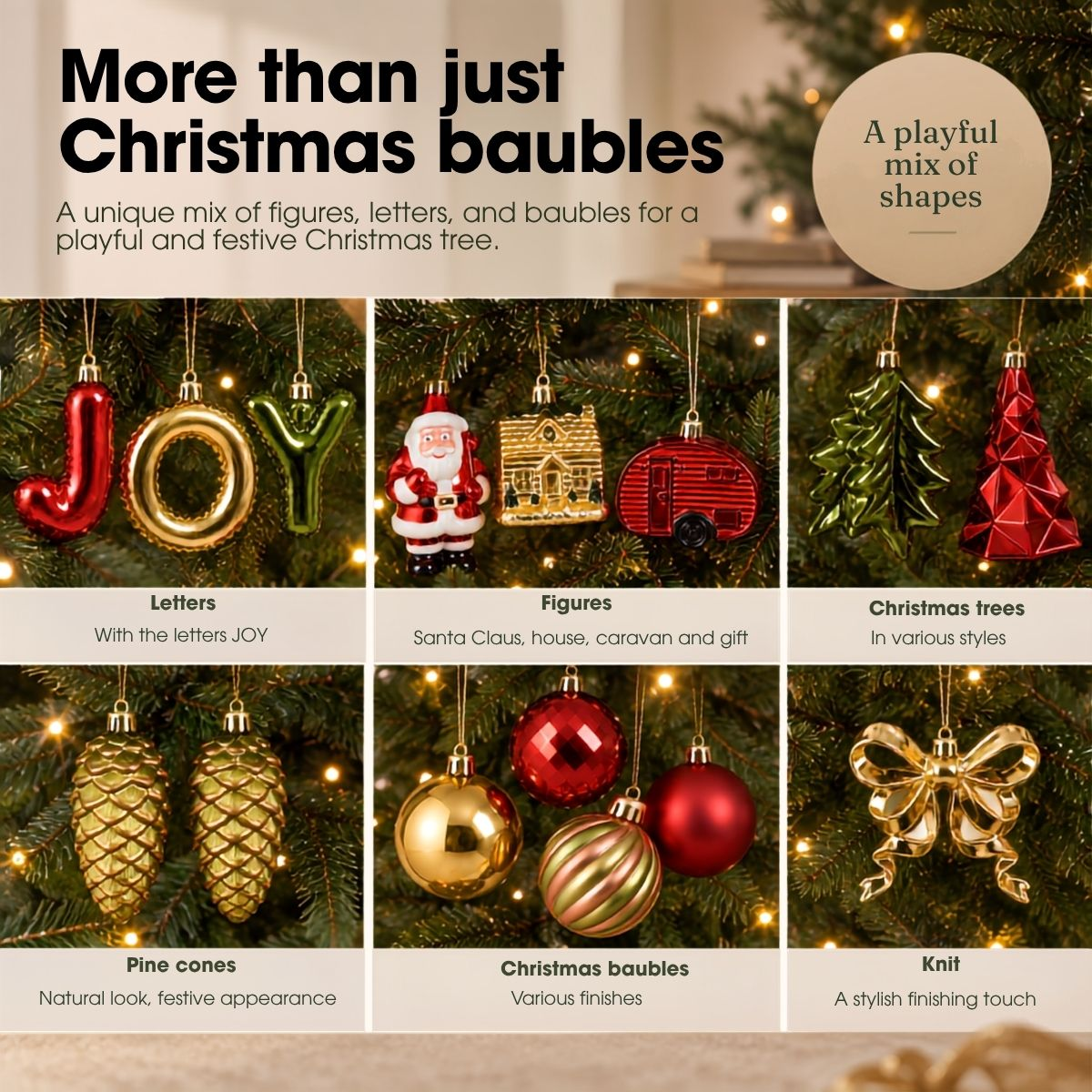 Divers ornements de sapin de Noël, notamment des lettres, des figurines, des arbres, des pommes de pin, des boules.