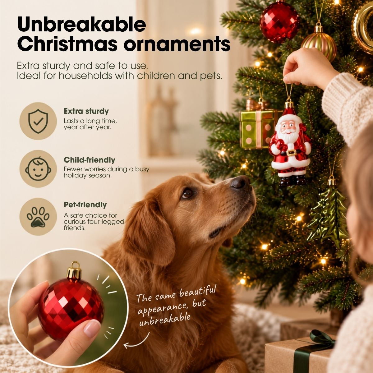 Un chien doré regarde en l'air pendant qu'une main accroche une boule de Noël.
