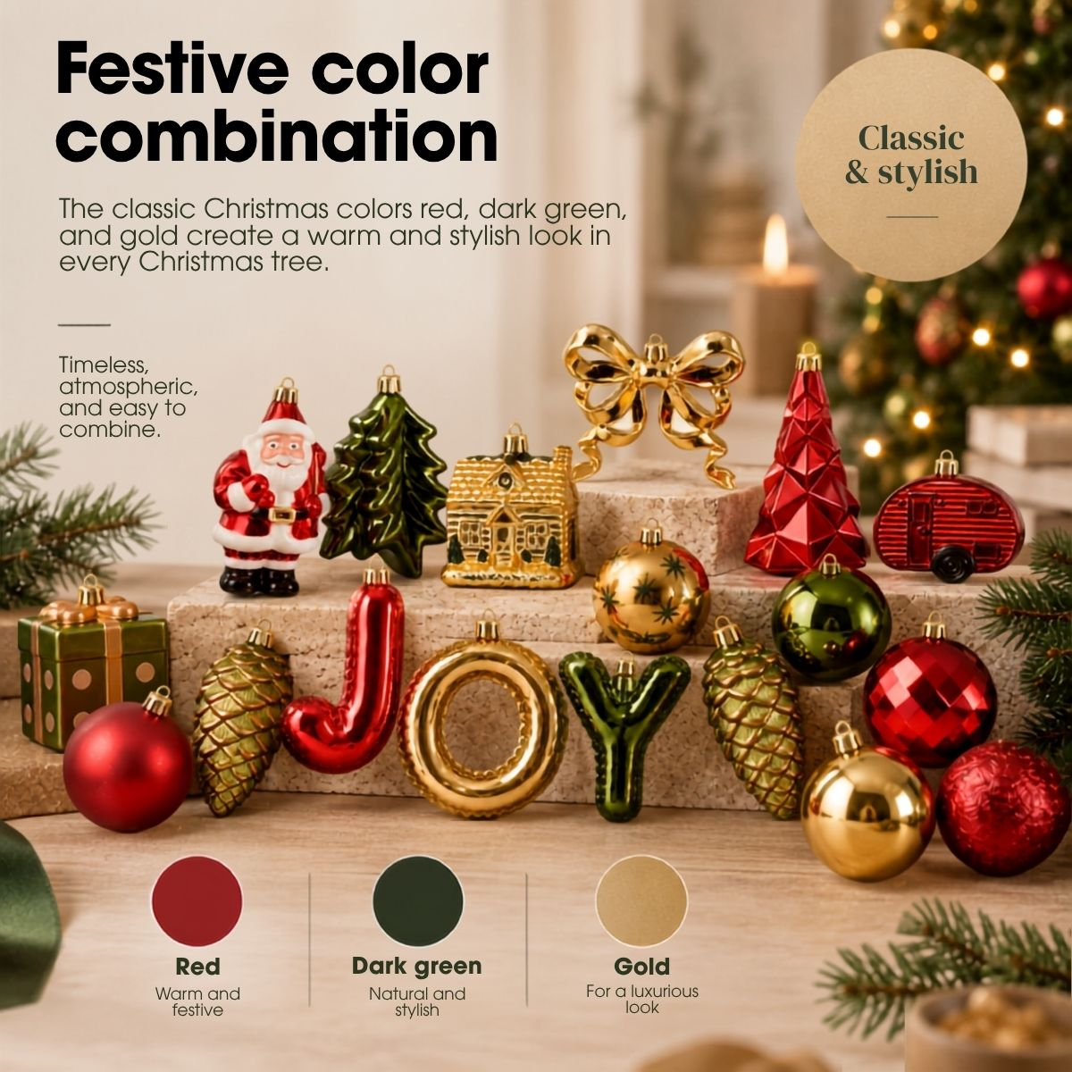 Boules de Noël rouges, vertes et dorées sur des marches avec du texte en anglais.