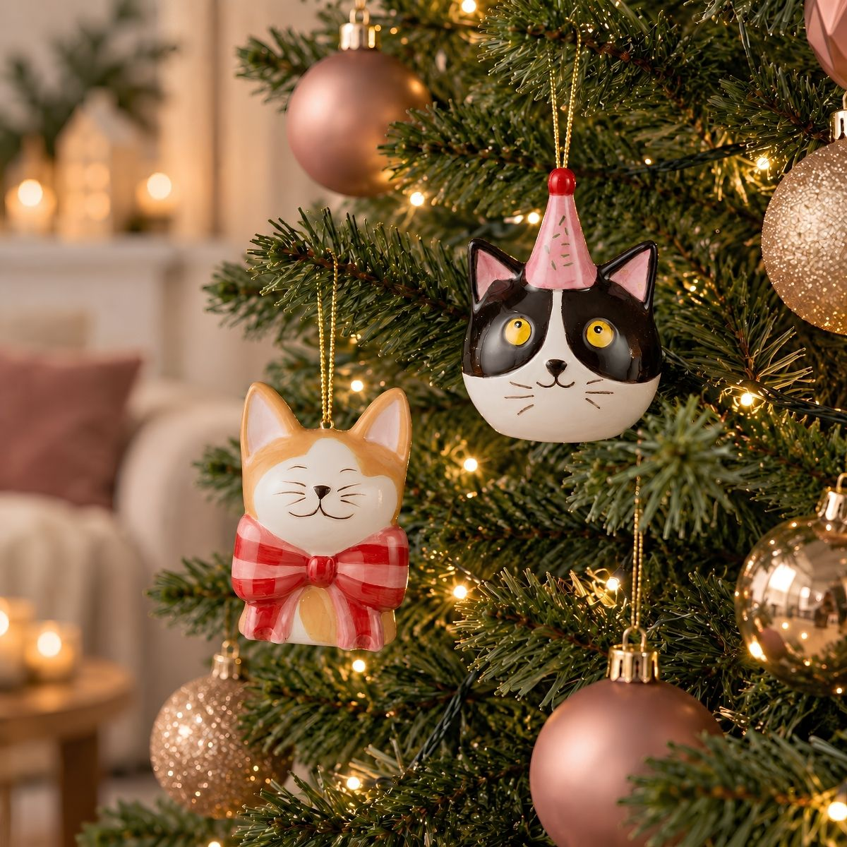 Deux décorations de Noël chat et des boules dorées pendent sur un sapin illuminé.