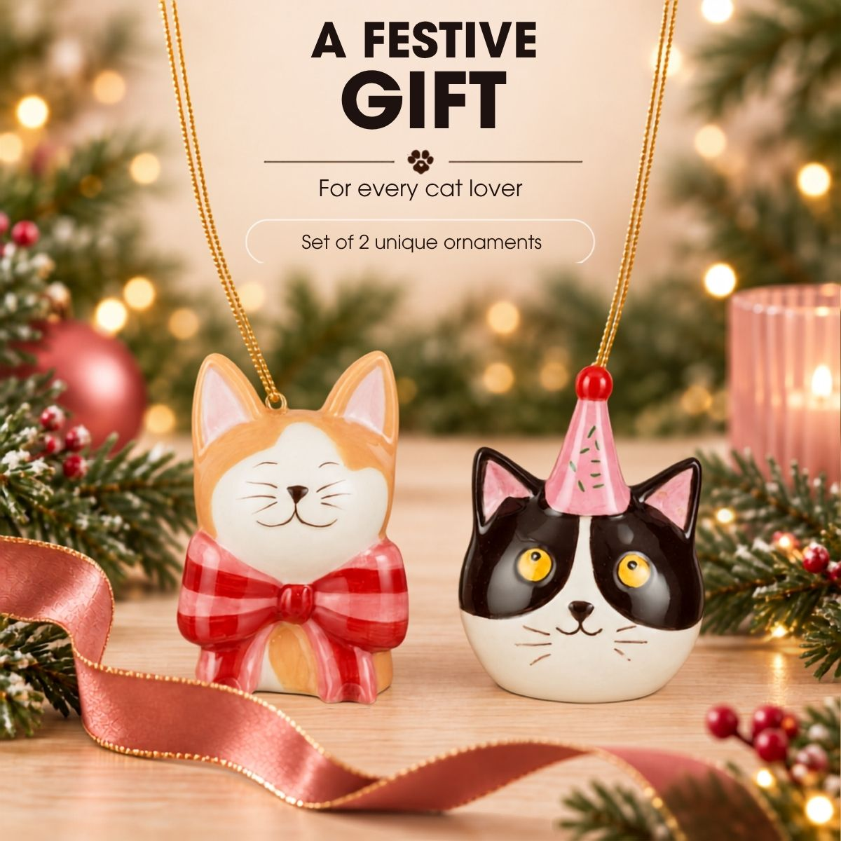 Deux décorations de Noël en forme de chat sur une table en bois avec des lumières.