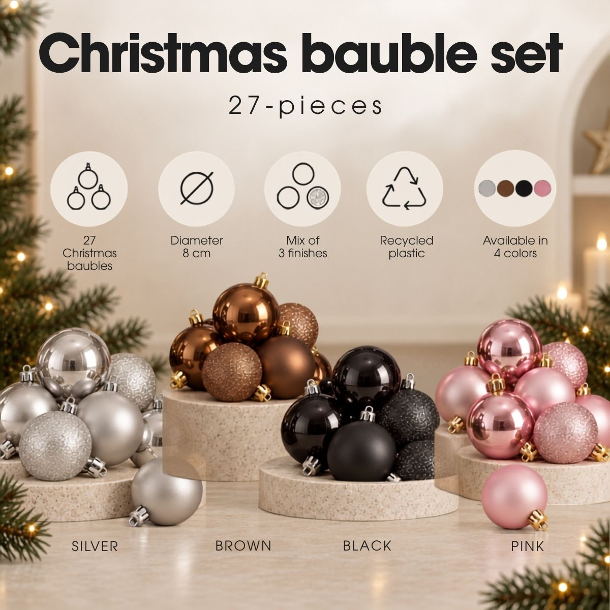 27-piece Christmas bauble set made of recycled plastic, shown in silver, brown, black, and pink.