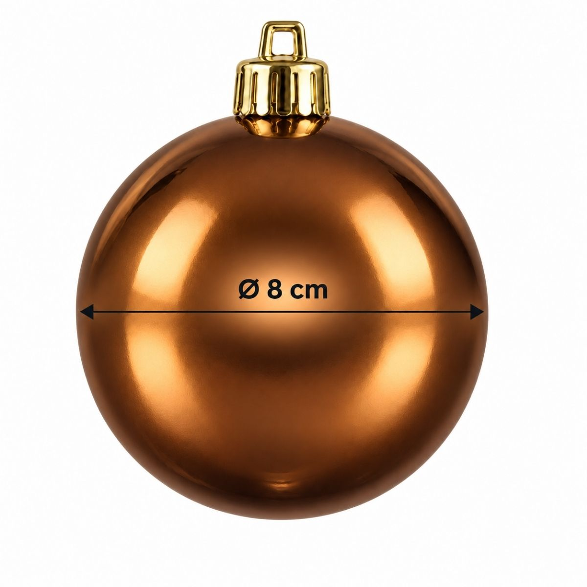 A shiny bronze Christmas bauble with a gold cap and a diameter of 8 cm.
