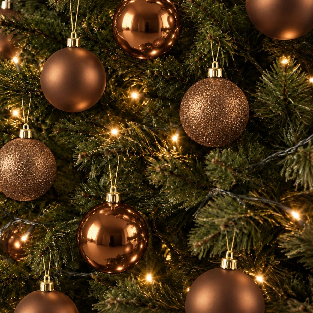 Shiny and matte bronze Christmas ornaments hang on a decorated Christmas tree with lights.