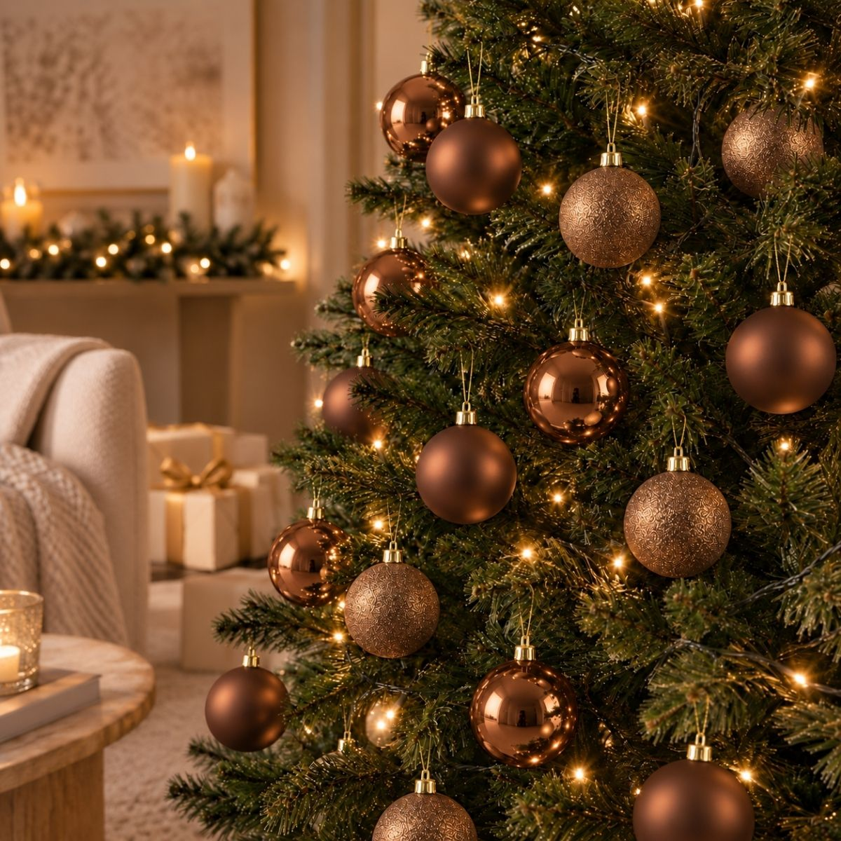 A Christmas tree decorated with shiny and matte bronze ornaments and warm fairy lights in a cozy living room.