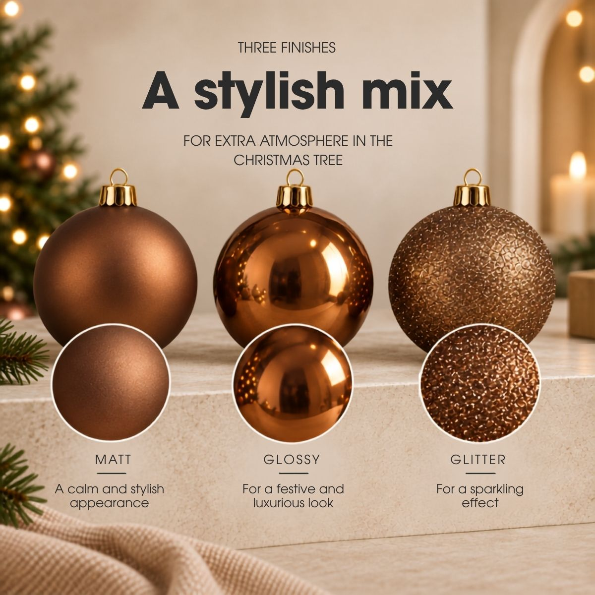Three brown Christmas baubles showing matt, glossy, and glitter finishes against a festive background.