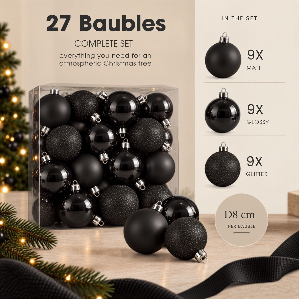 A set of 27 black Christmas baubles in matte, glossy, and glitter finishes.