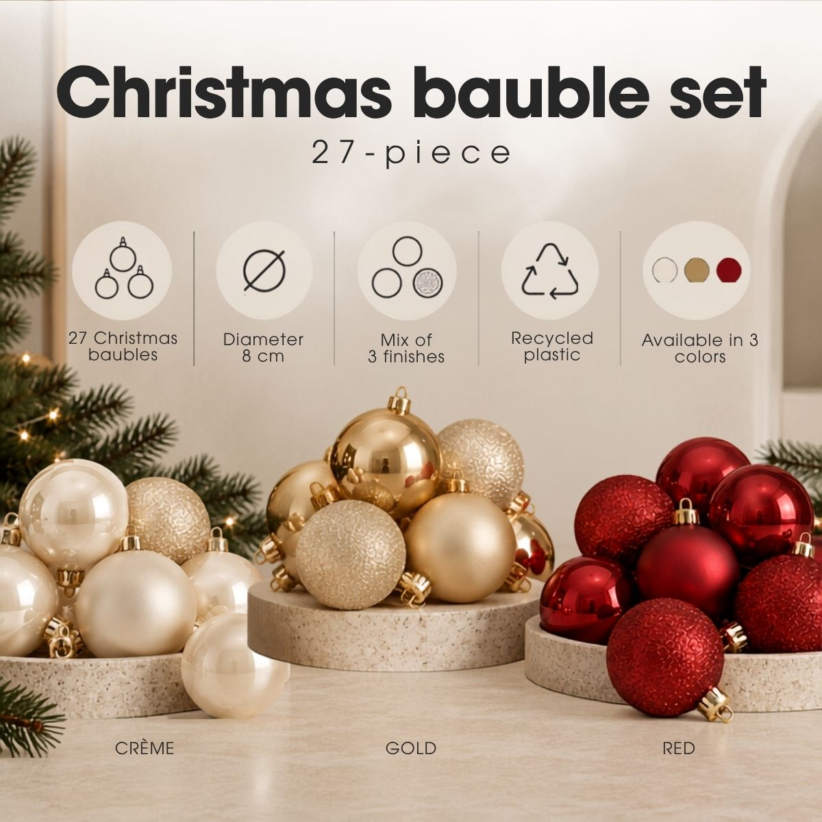 A 27-piece Christmas bauble set in creme, gold, and red, with product details above.