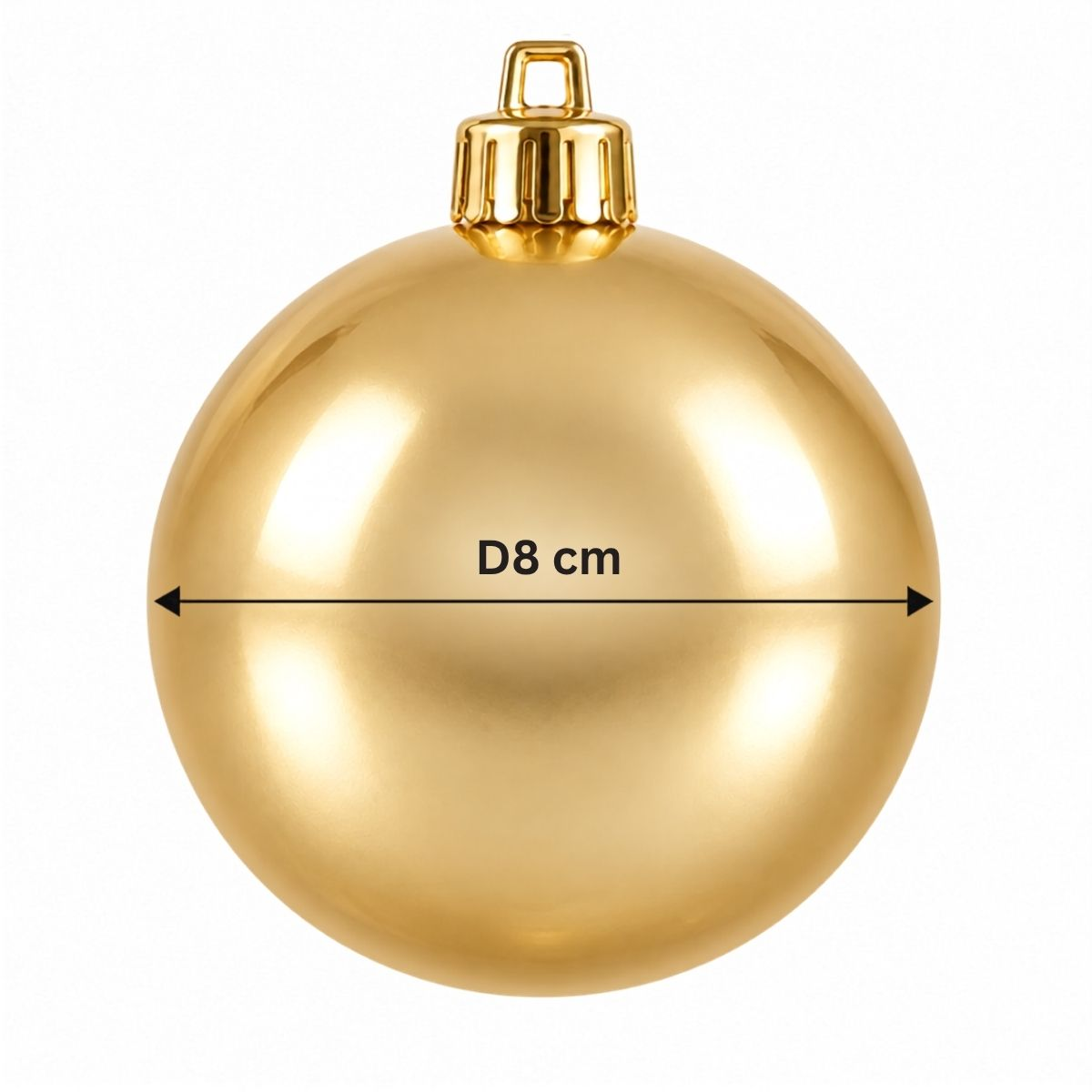 Shiny gold Christmas bauble with the text D8 cm and an arrow showing the diameter.