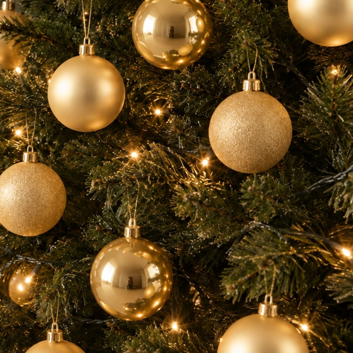 Shiny and matte gold Christmas ornaments hang on a decorated Christmas tree with lights.
