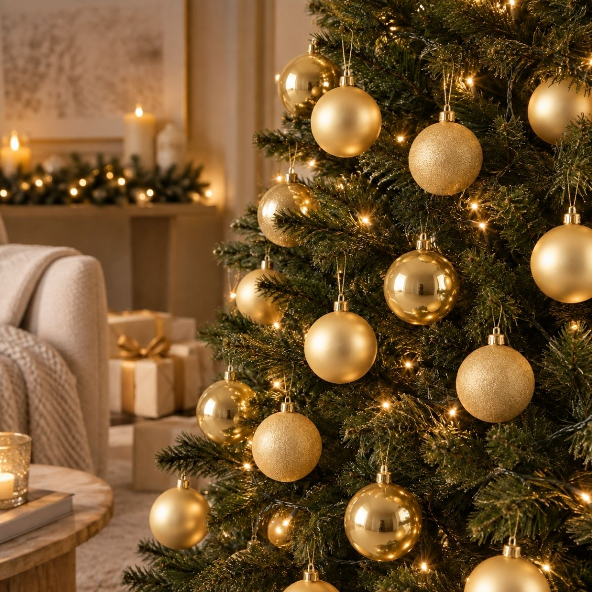 A decorated Christmas tree with shiny gold ornaments and warm string lights in a cozy living room.