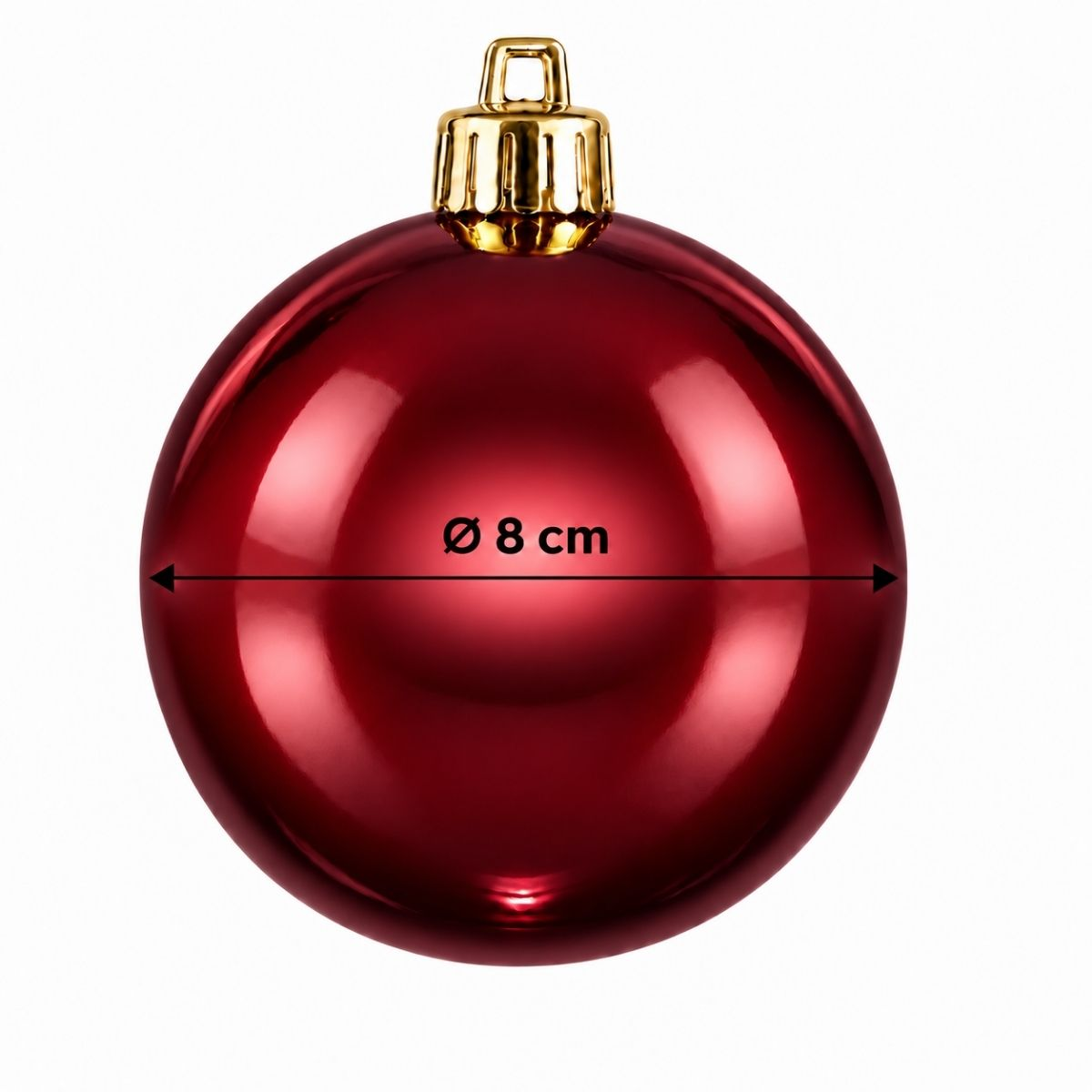 Boule de Noël rouge brillante avec attache dorée et un diamètre de 8 cm.