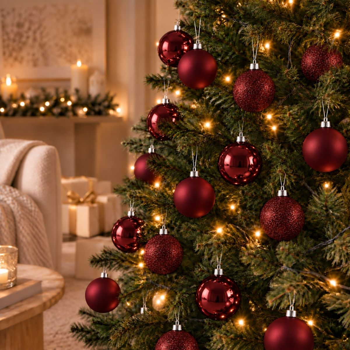 Un sapin de Noël décoré de boules rouges et de guirlandes lumineuses dans un salon chaleureux.