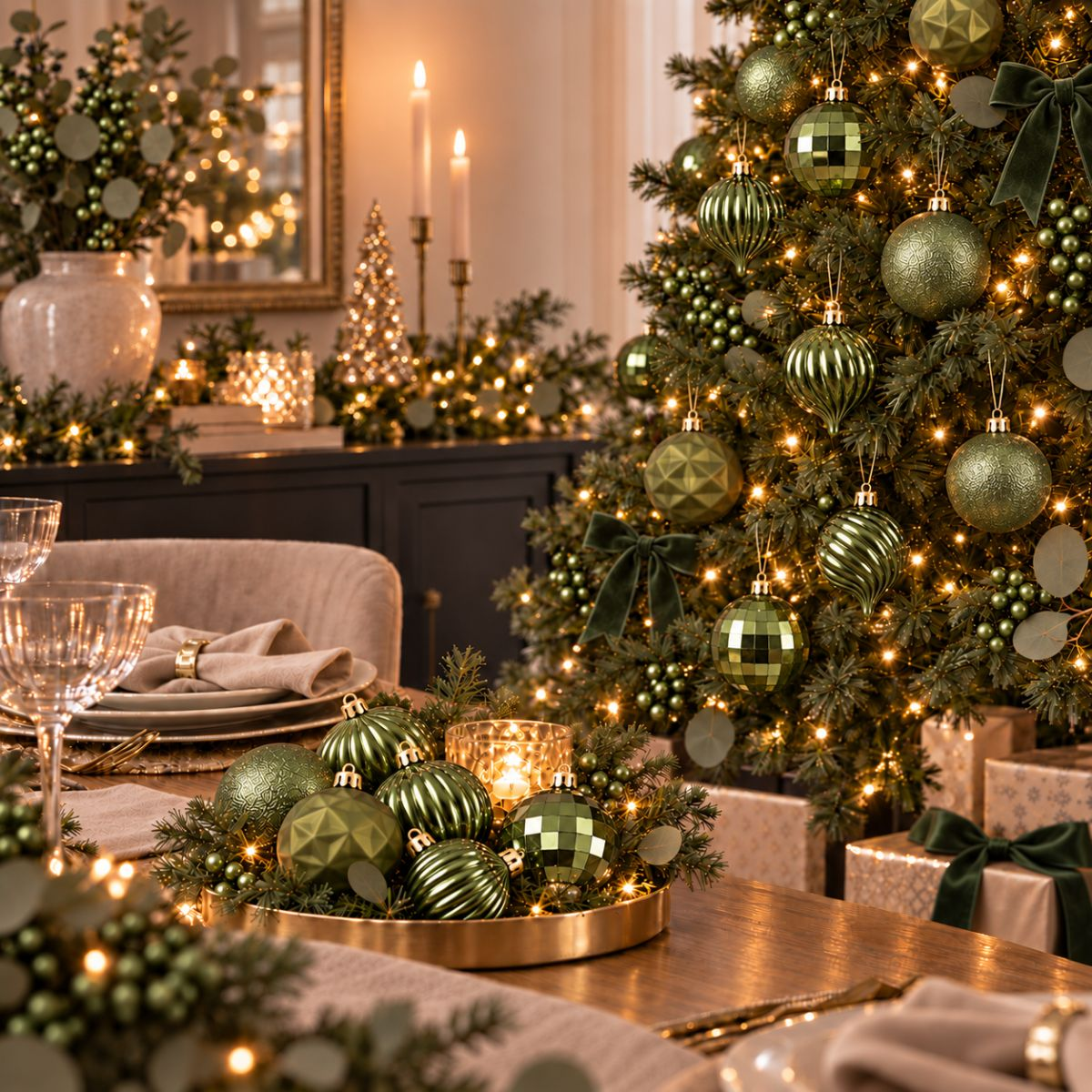 Une table de fête présente un centre de table avec des boules vertes, près d'un sapin lumineux et des bougies.