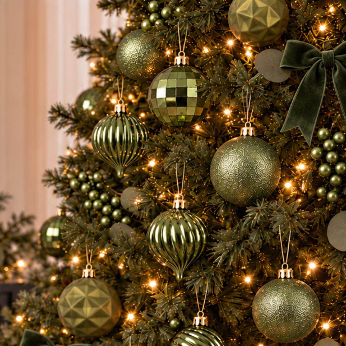 Un sapin de Noël décoré de vert avec des boules brillantes, des perles et des guirlandes lumineuses.