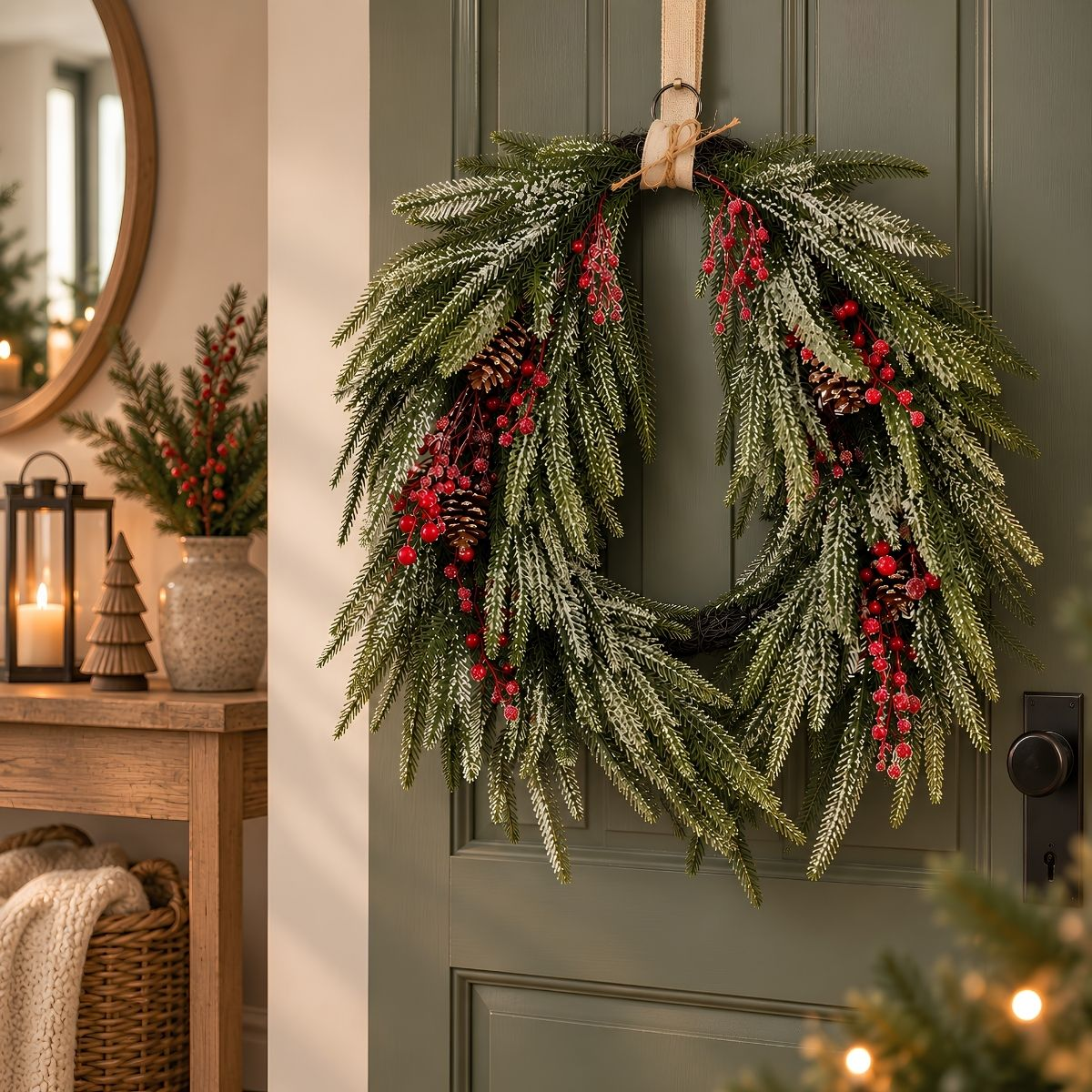 Une couronne de Noël enneigée avec des pommes de pin et des baies rouges est accrochée à une porte verte.