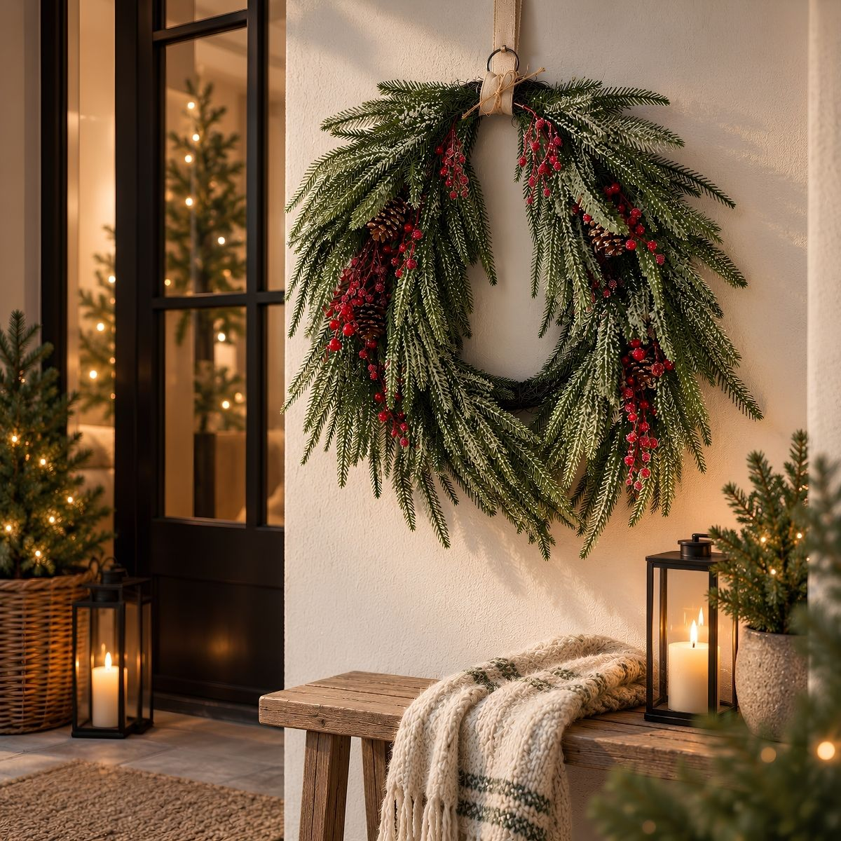 Une couronne de Noël en pin avec des baies rouges et des pommes de pin est suspendue sur un mur au-dessus d'un banc.