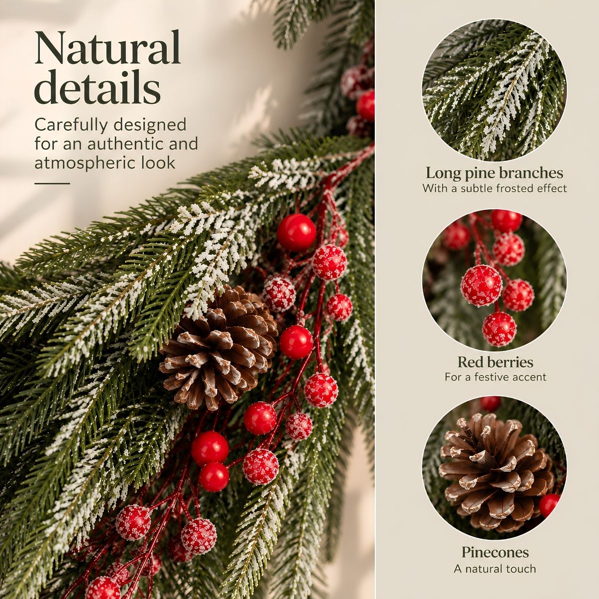 Guirlande de Noël naturelle avec branches de pin givrées, baies rouges et pommes de pin sur fond clair.