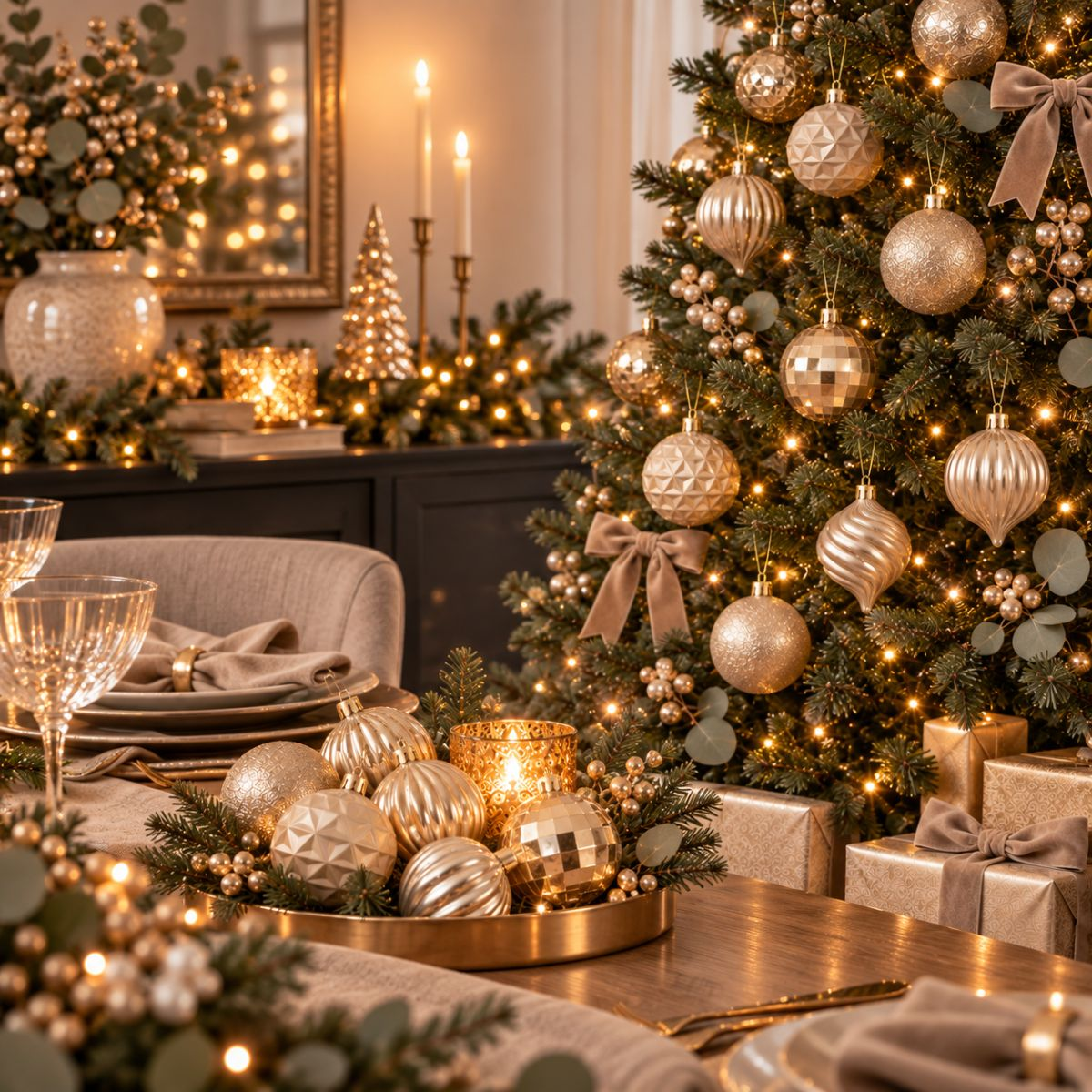 Festive table with gold decor, Christmas tree with lights, and gifts in the background.