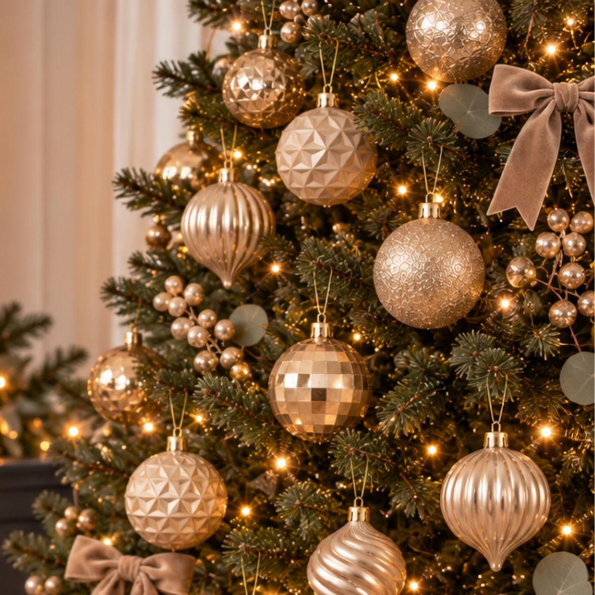 A decorated Christmas tree with gold ornaments, lights, and a velvet bow.