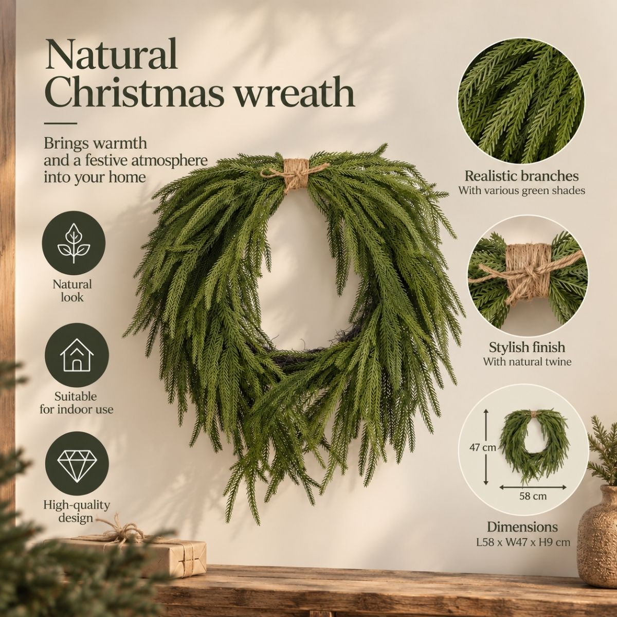 Couronne de Noël verte ovale avec ficelle, texte et encarts circulaires sur fond beige.