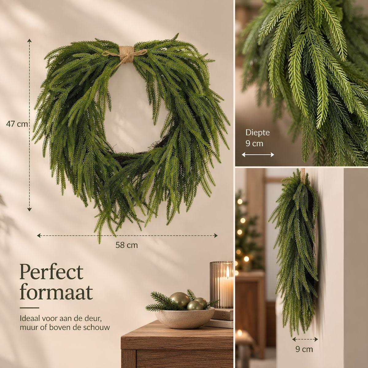 Couronne de pin verte de 47x58 cm et 9 cm de profondeur accrochée au mur.