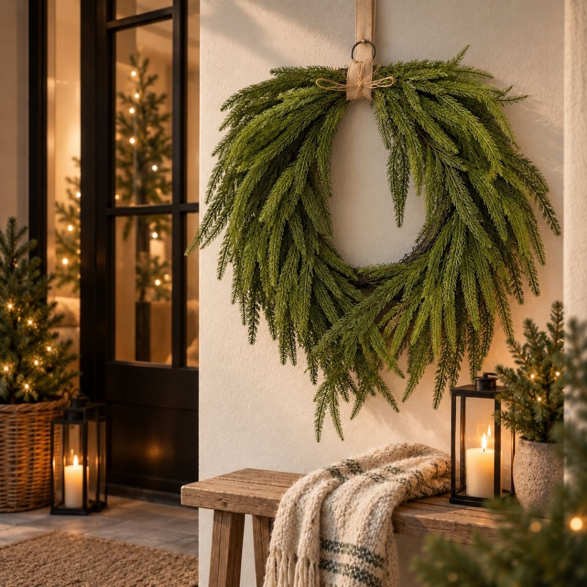 Une couronne de pin verte est accrochée à un mur au-dessus d'un banc en bois avec des lanternes et une couverture.