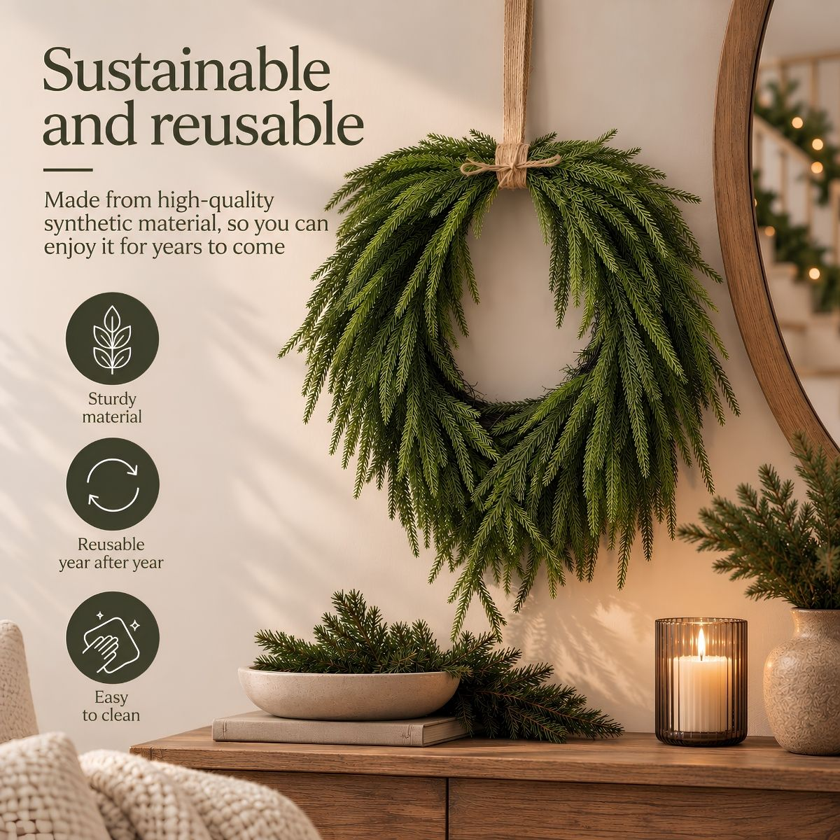 Une couronne artificielle verte accrochée au mur, avec une bougie et des branches de pin en dessous.
