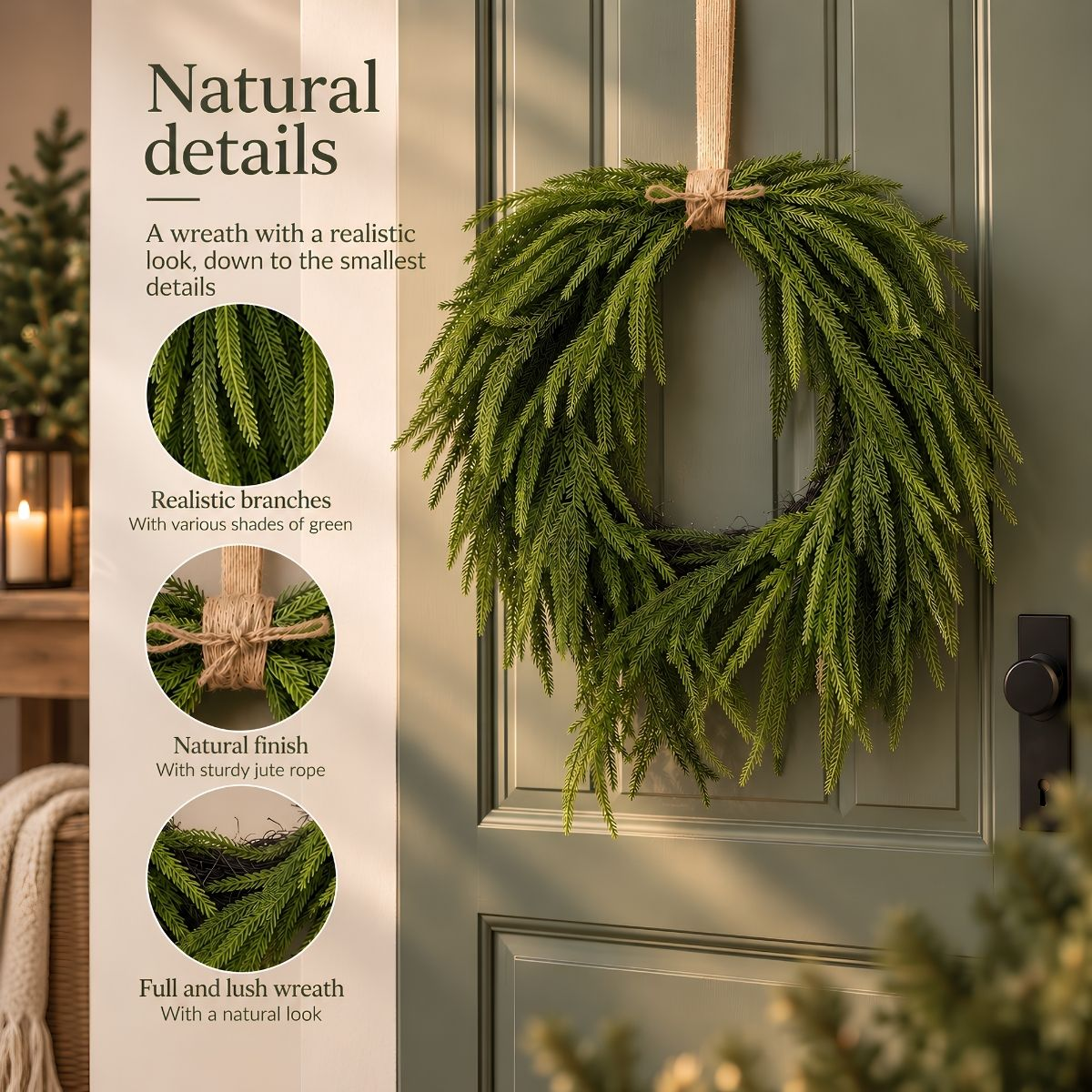 Couronne de pin verte avec corde de jute sur porte verte, avec détails.