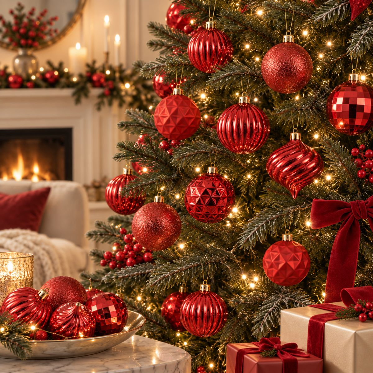 Een versierde kerstboom met rode ballen en lichtjes, met een haard en cadeautjes op de achtergrond.