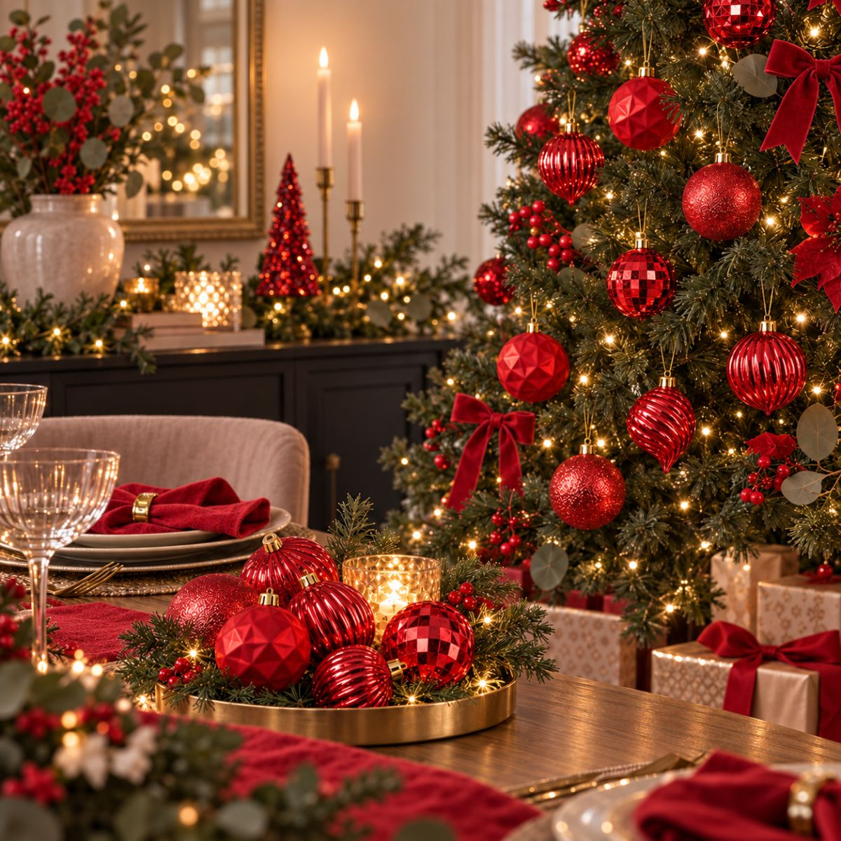 Een feestelijke eettafel met rode ornamenten, brandende kaarsen en een versierde kerstboom op de achtergrond.