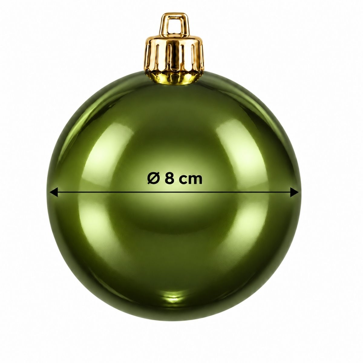 Boule de Noël vert olive brillante, 8 cm de diamètre, avec attache dorée sur fond blanc.
