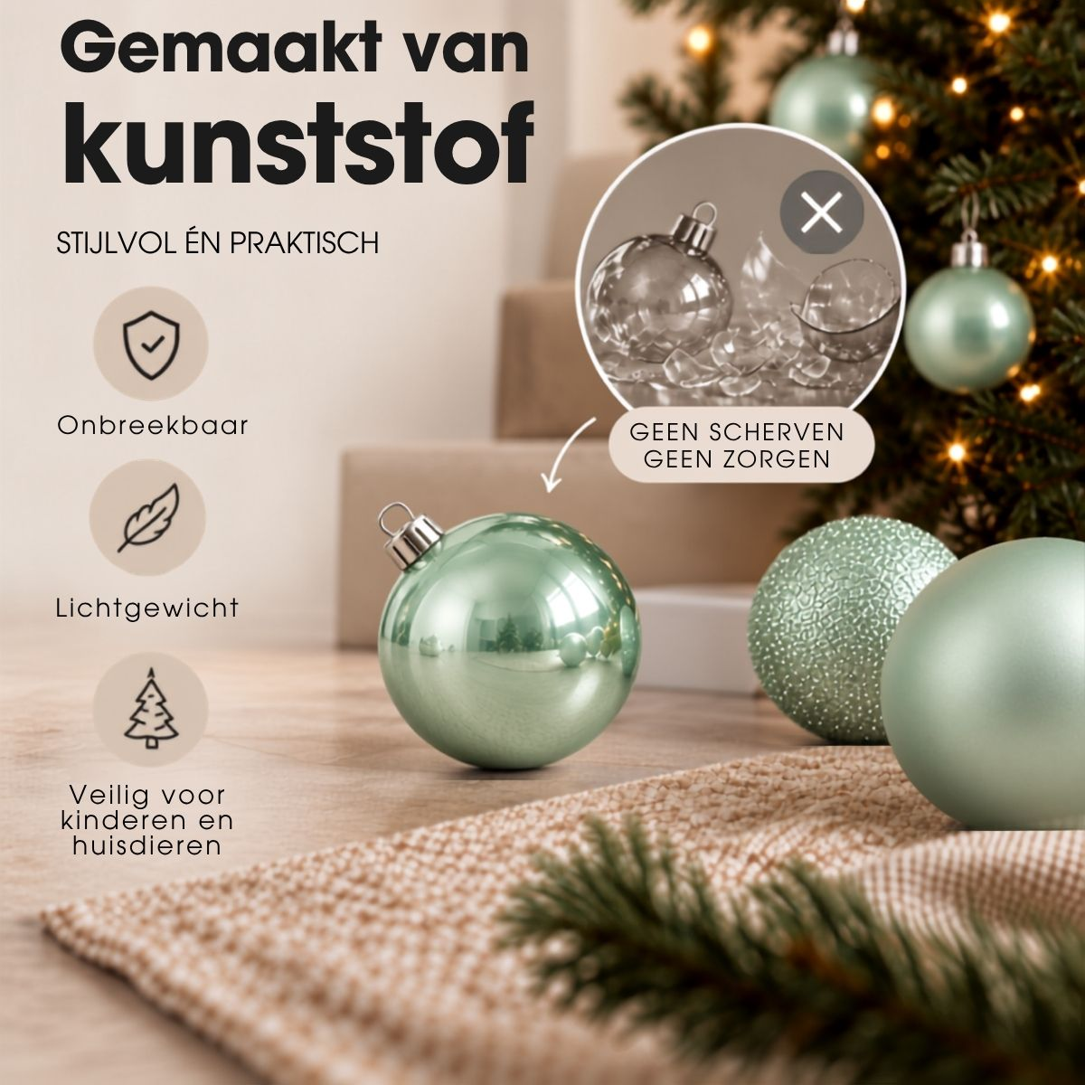 Boules de Noël incassables en plastique vert menthe avec du texte néerlandais et des icônes.