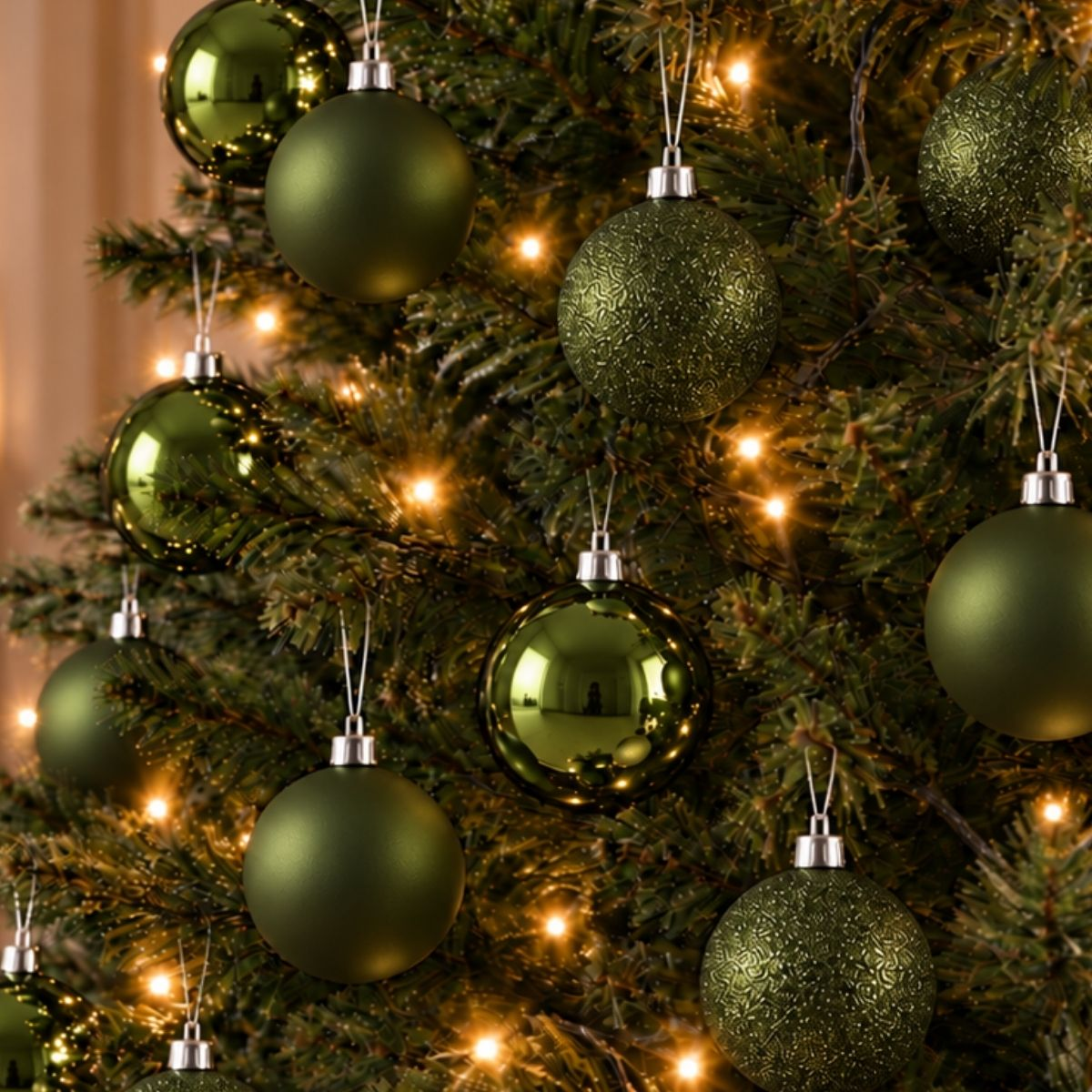 Des boules de Noël vertes sont suspendues à un sapin décoré de lumières.