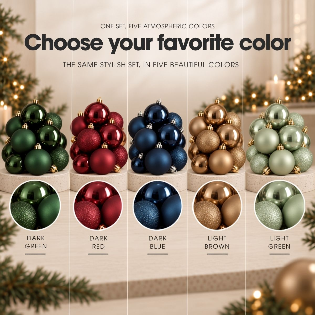 Cinq ensembles de boules de Noël en vert foncé, rouge foncé, bleu foncé, marron clair et vert clair.