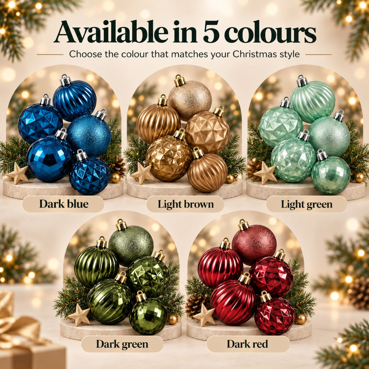 Display of Christmas baubles in five colors: dark blue, light brown, light green, dark green, and dark red.