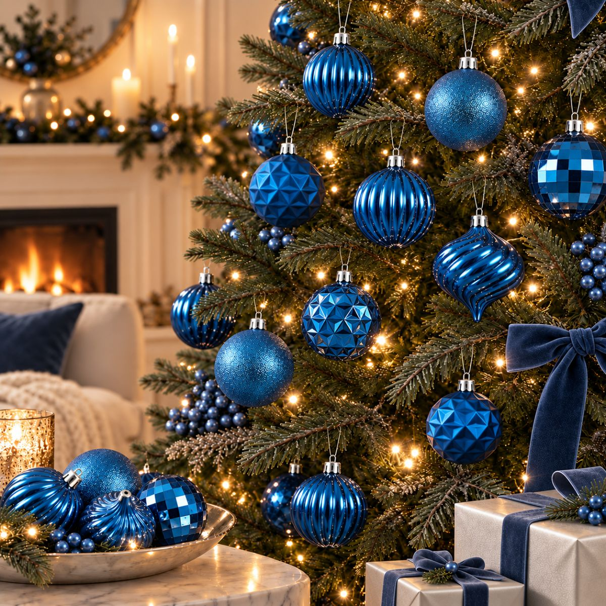 A Christmas tree decorated with blue ornaments and lights in a cozy living room.
