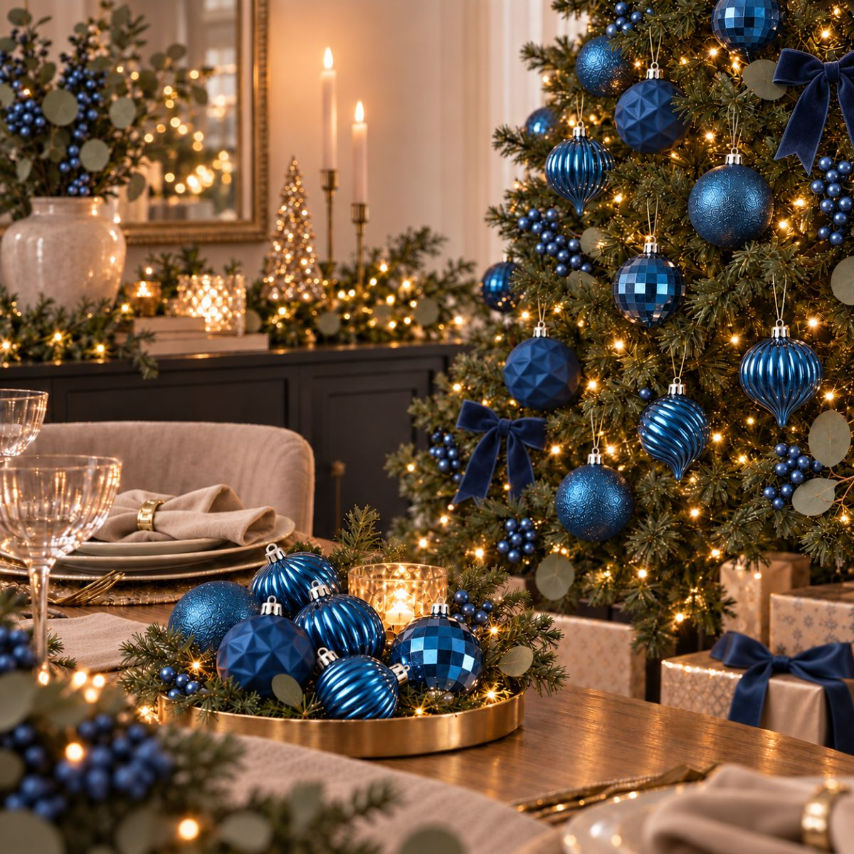 Festive table setting with blue ornaments, evergreen branches, and lights.